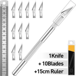 Craft Knife Set: Aluminum Handle, 11 #11 Blades and 15 cm Steel Ruler