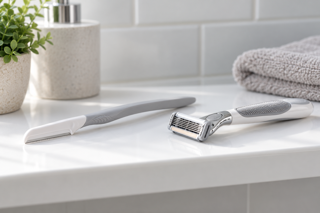 Single-blade dermaplaning razor and cartridge razor side by side on a white shelf