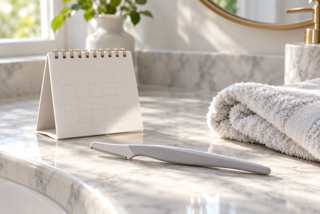 Desk calendar beside a dermaplaning razor and soft towel on a marble vanity