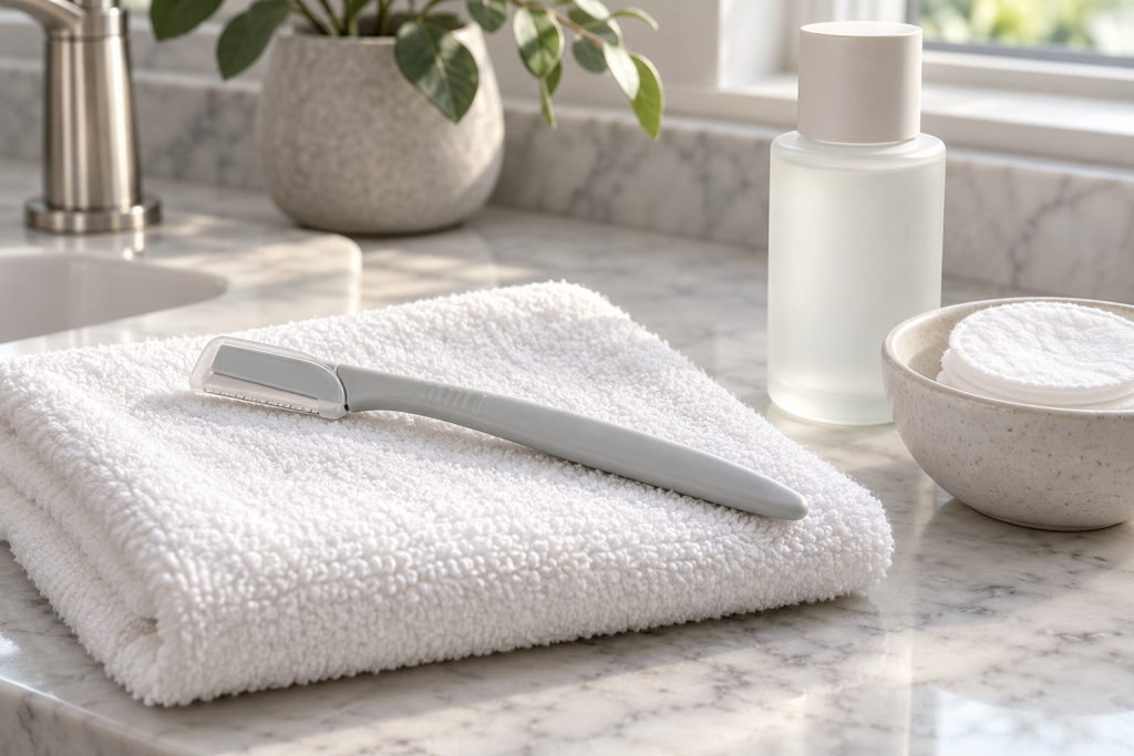 Dermaplaning razor with guard on a white towel beside cotton pads