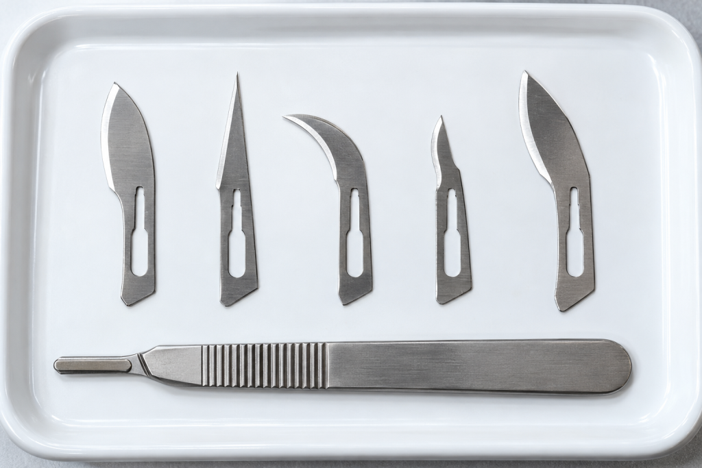 Scalpel blades of different shapes in a row on a white tray beside a metal handle