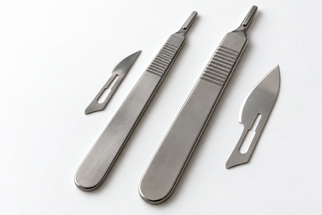 Two metal scalpel handles in different sizes side by side with matching blades