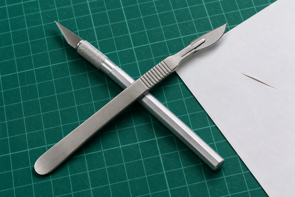Stainless scalpel and hobby knife crossed on a cutting mat